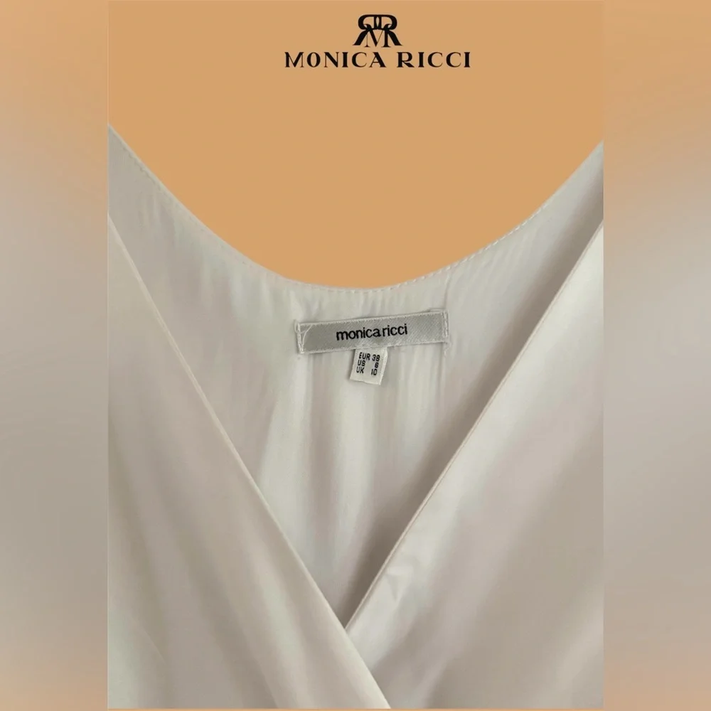 🛍️SALE🛍️ Monica Ricci White V-Neck Sleeveless Midi Dress with Tan Waist Sash - Picture 7 of 8